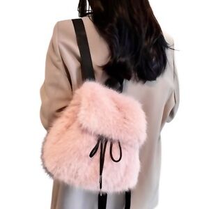 NEW Elegant Faux Fur Drawstring Snap Closure Backpack Cotton Candy Pink Black